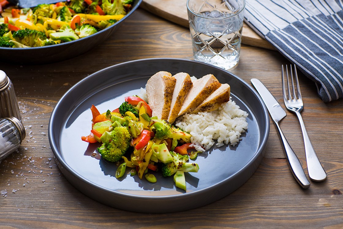 Kyllingfilet med wokgrønnsaker, sweet chilisaus og jasminris