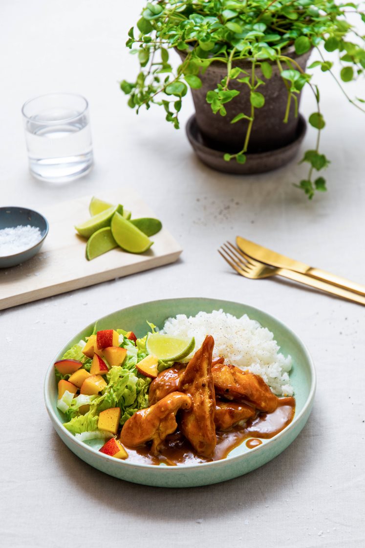 Kylling i sataysaus med frisk nektarinsalat og jasminris
