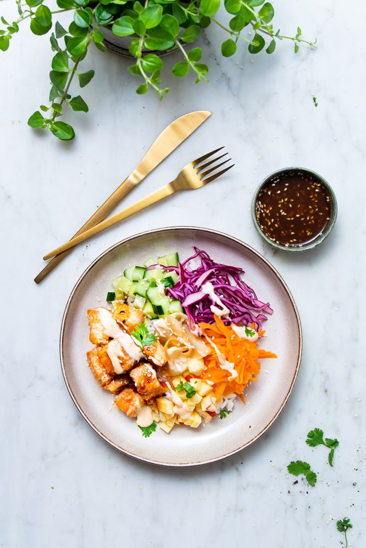 Laksepoke med agurk, syltet ingefær, ponzudressing og chilimajones