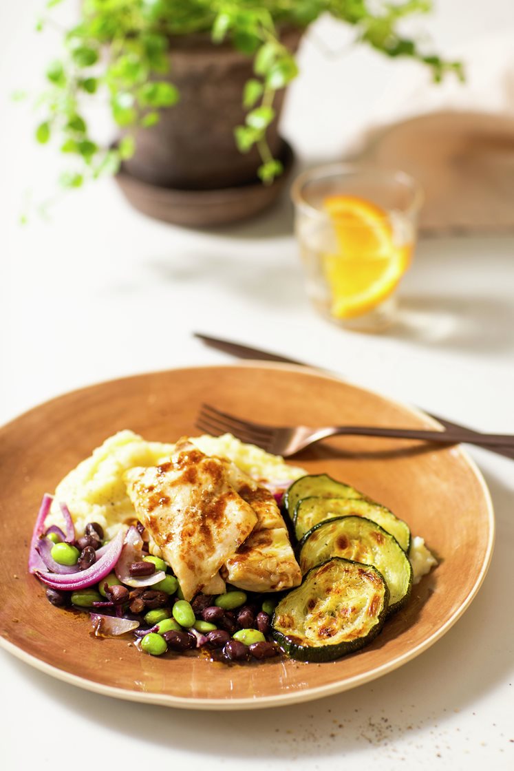 Balsamico- og smørbakt seifilet med bønner, potetmos og ovnsbakt squash