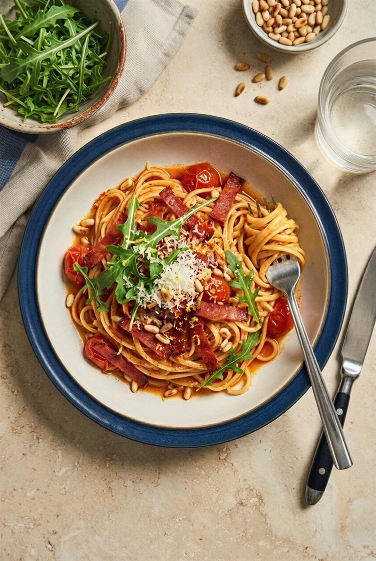 Linguine og sprøstekt pepperoni med spansk tomatsaus, ruccola og pinjekjerner