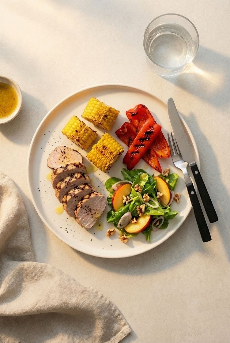 Grillet filetstykke av svin med paprika og mais, servert med nektarinsalat og valnøtter