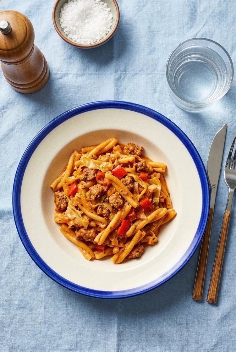 Kremet one pot-pastagryte med salsicciadeig og paprika