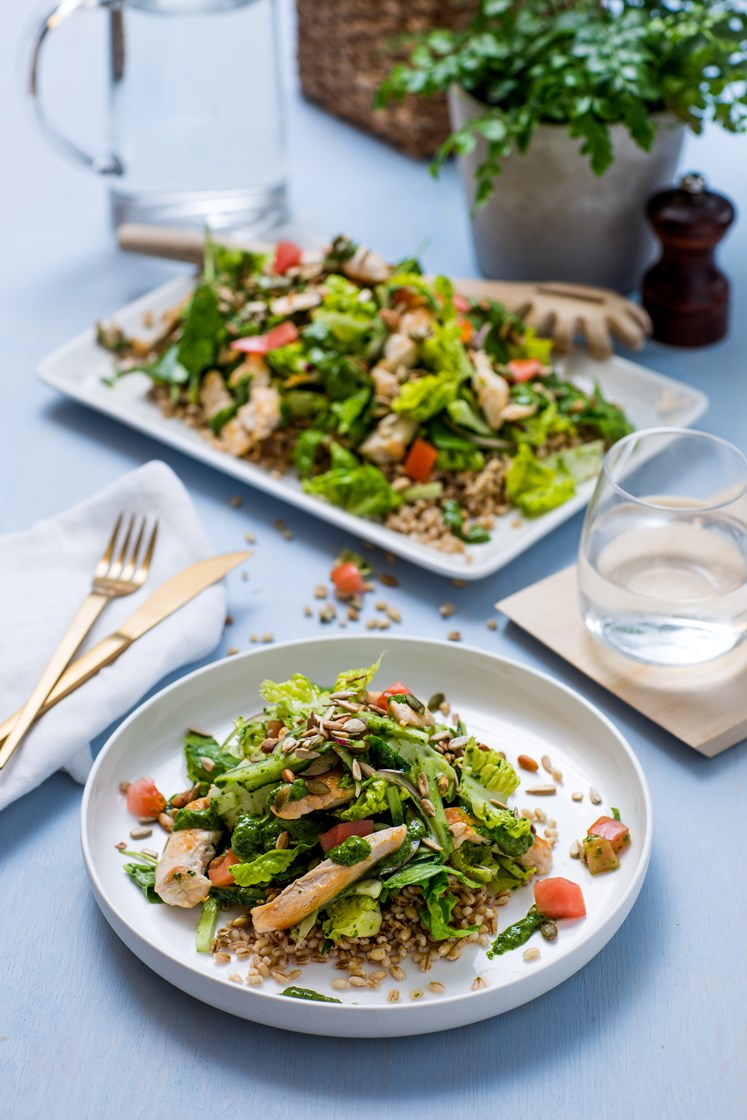 Kyllingsalat med byggkorn, tomat og spinatpesto
