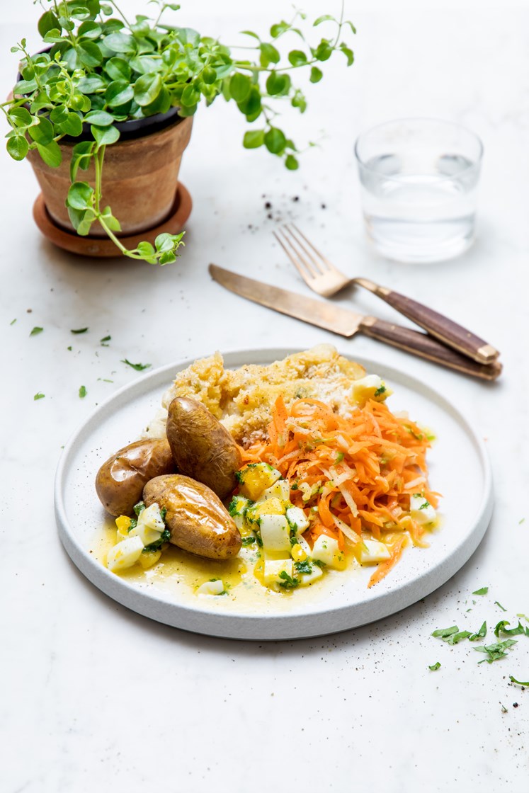 Fiskegrateng med eggesmør servert med råkostsalat med gulrot og eple  