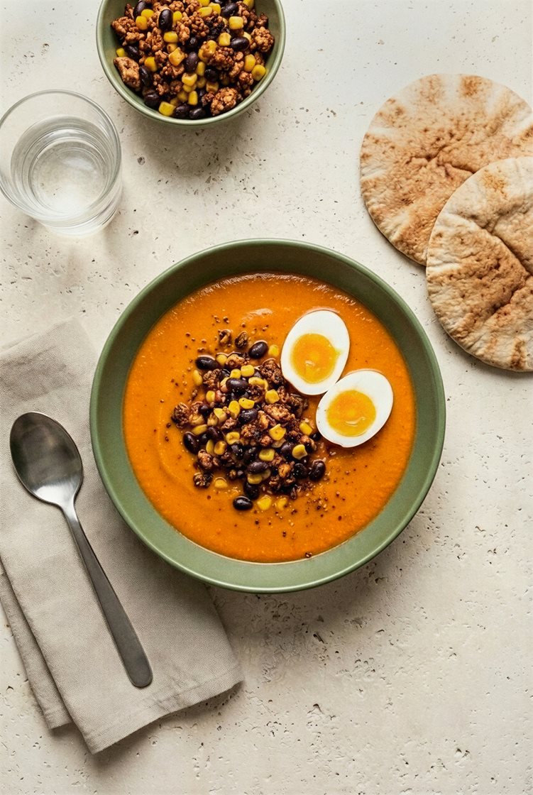 Kremet tomatsuppe med tacokrydret kyllingkjøttdeig, mais og bønner, servert med egg og varme brød