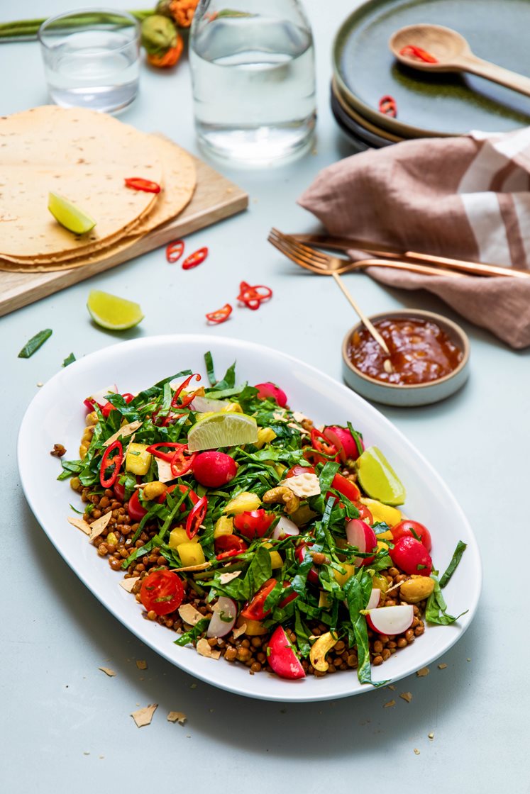 Indisk salat med linser, friske grønnsaker, papadams og mangochutney