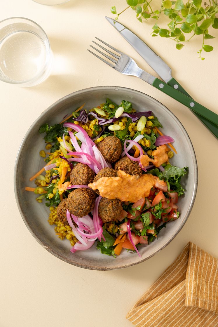 Falafel bowl med ajvar-yoghurt og lynsyltede rødløg