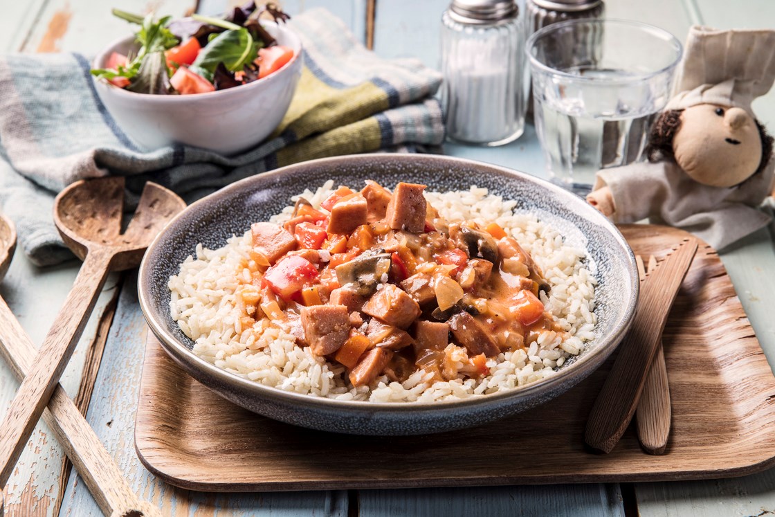 Pølsestroganoff med ris