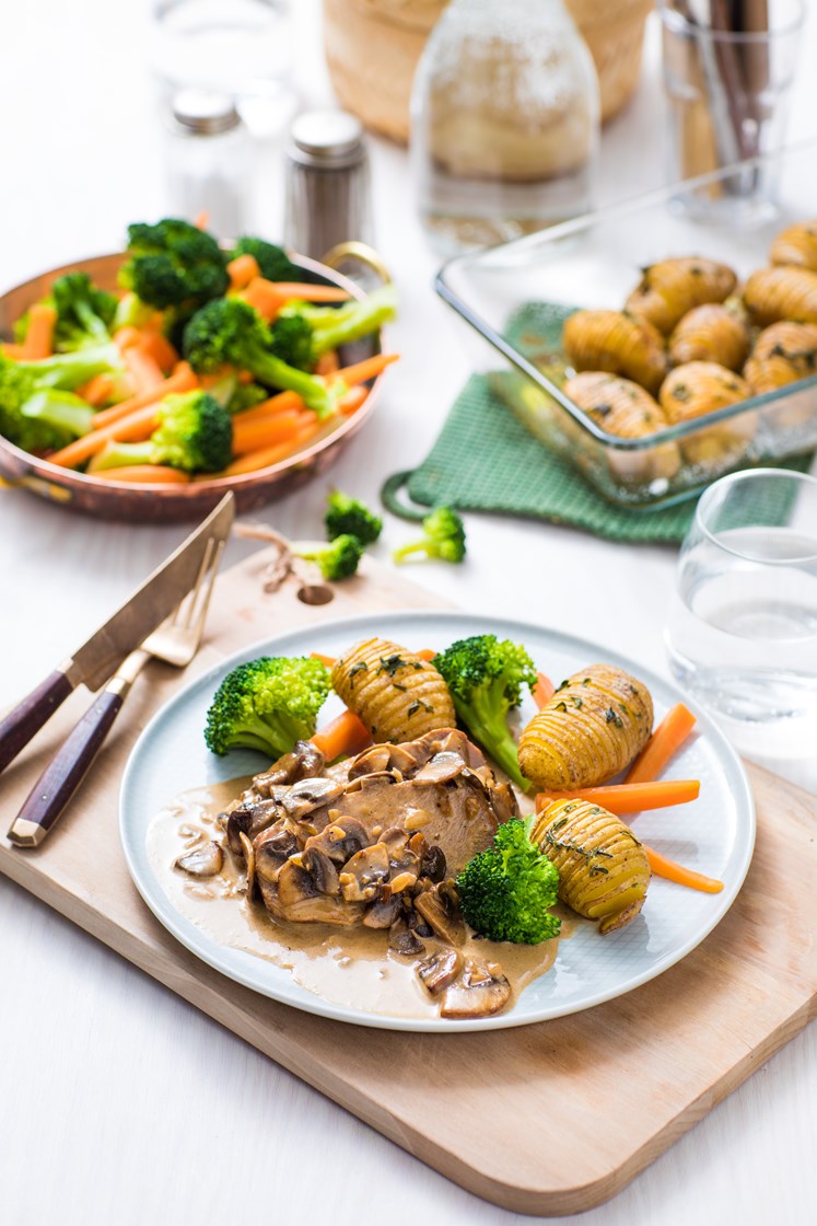 Ytrefilet av svin i soppsaus med hasselbackpoteter