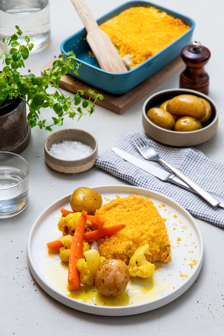 Fiskegrateng med karriblomkål og smeltet smør