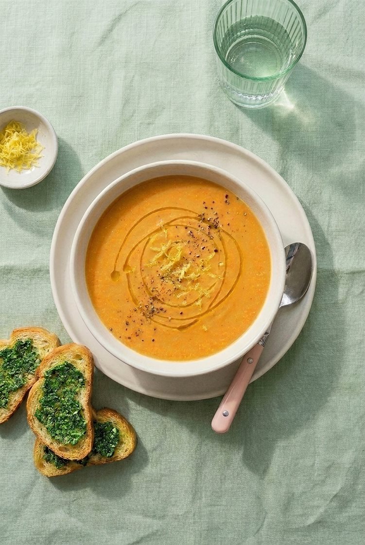Rød linsesuppe med trøffelolje og krutonger med persillepesto 