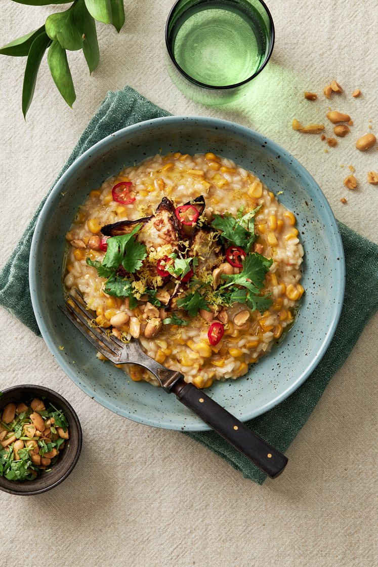 Risotto con elotes - majsrisotto med rostade majrovor, jordnötter och koriander