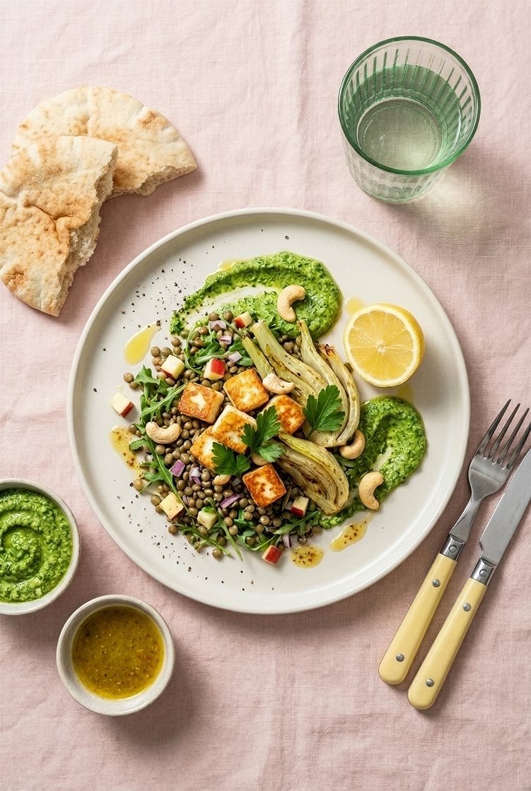 Linsesalat med bakt fennikel, halloumi, purrepesto og varme brød