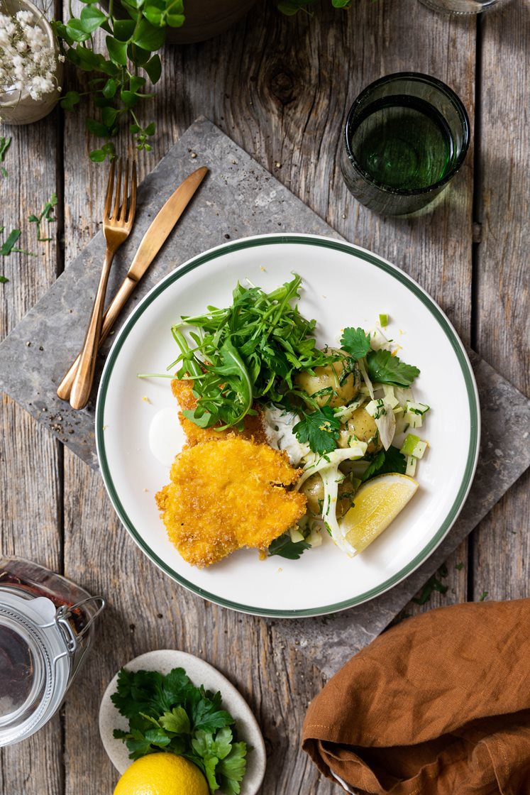 Kyllingschnitzel med potetsalat med eple og fennikel, hvitløksdressing og sitron