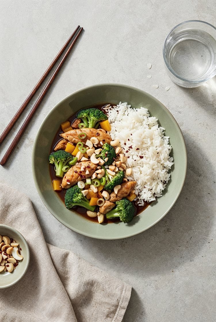 Cashew kylling med ris og broccoli