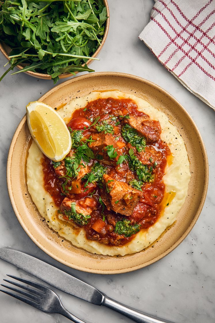 Osso buco på pulled pork med potatispurè och gremolata