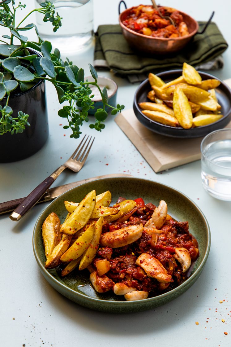 Kylling cacciatore med ovnsbakte poteter