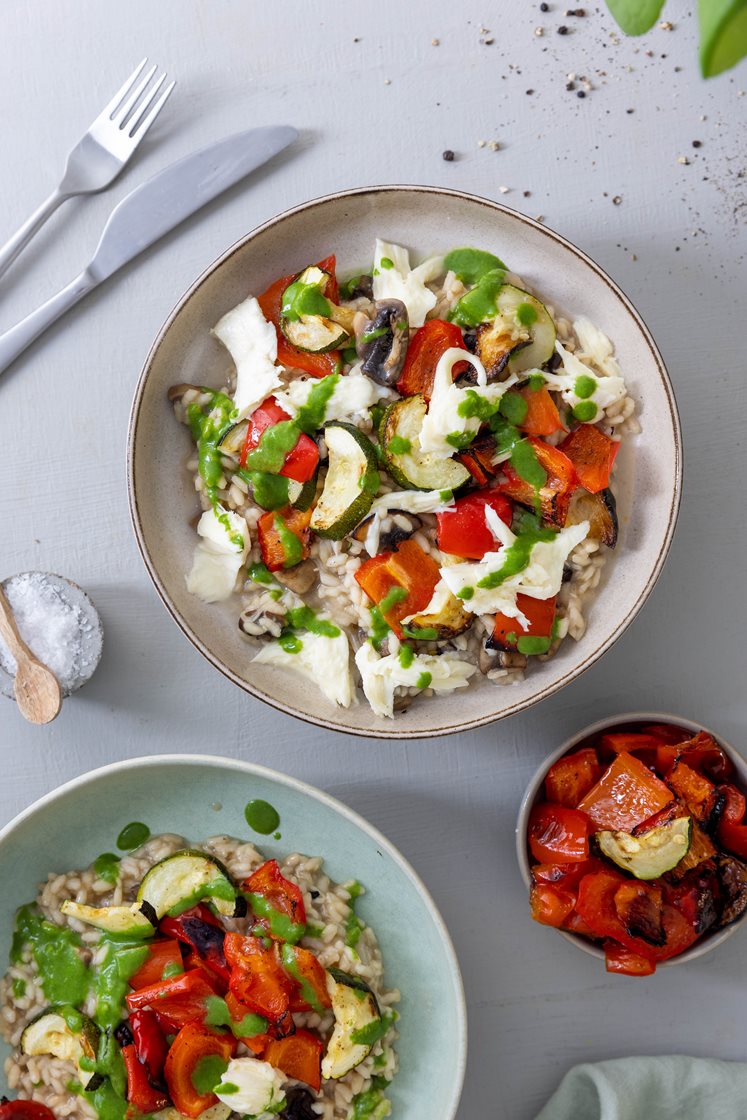 Sopprisotto med bakt squash og paprika, mozarella og trøffelolje