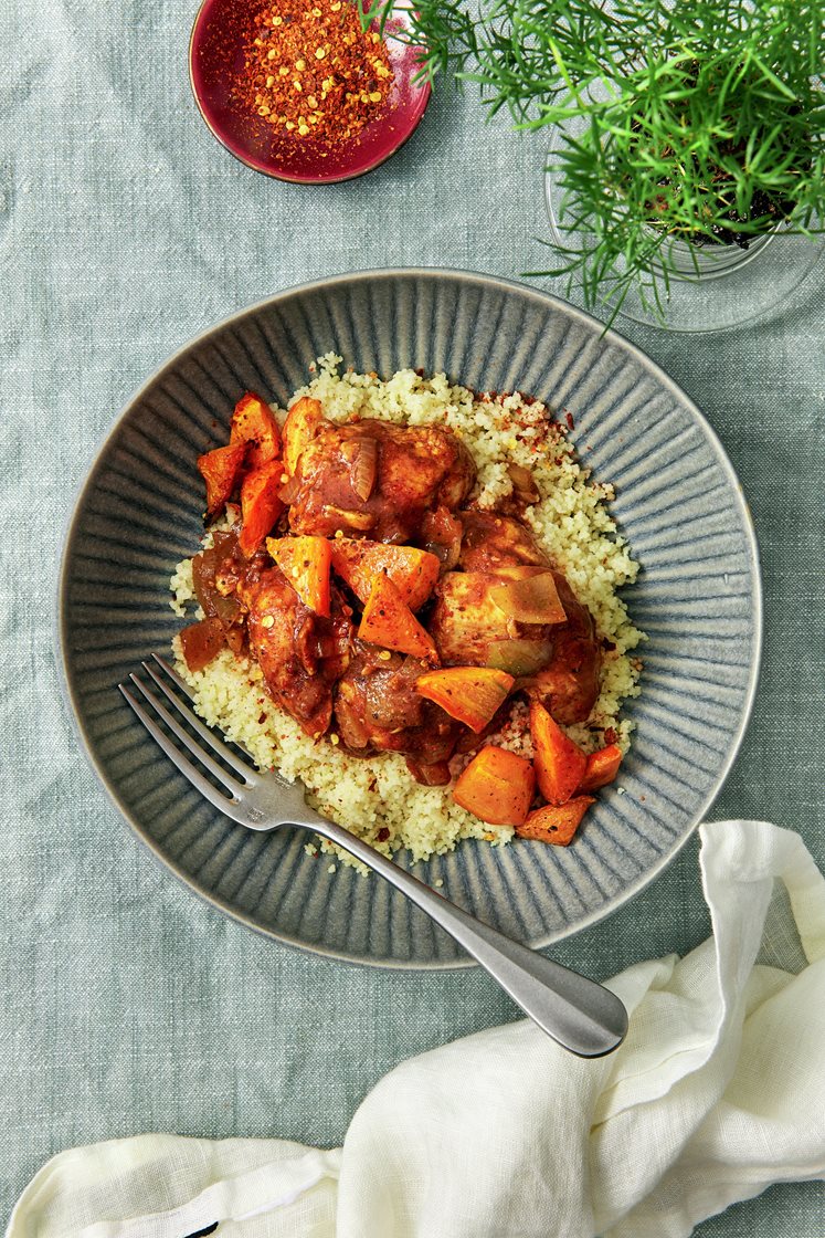 Marockansk kycklinggryta med ras el hanout, rostade morötter och couscous