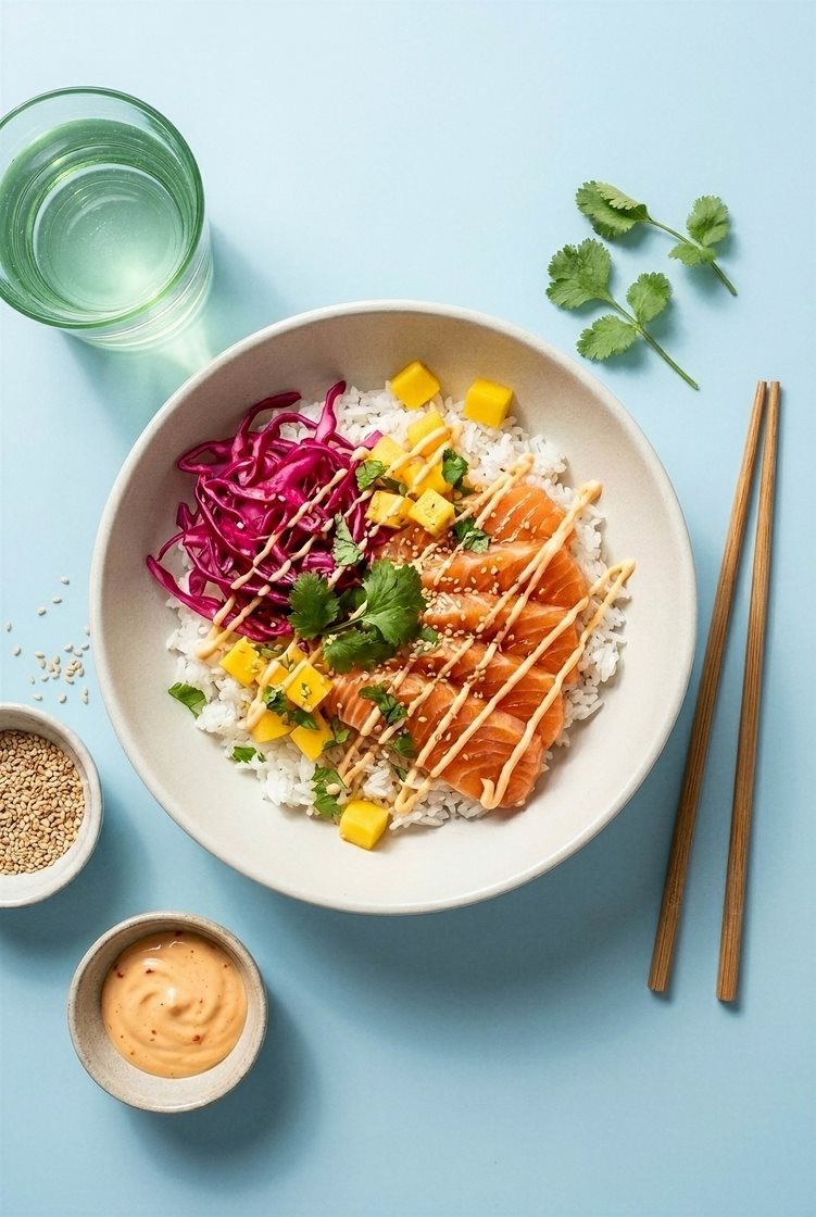Lakse-sashimibowl med jasminris, syrlig rødkål og mango