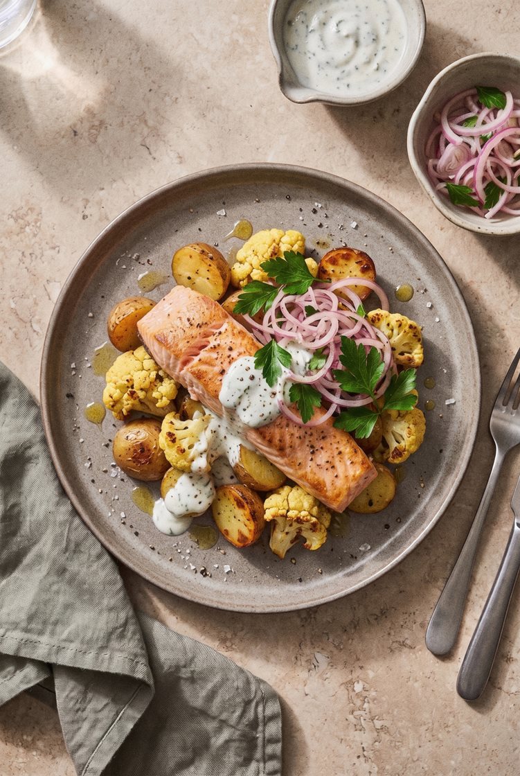 Laks med ovnsbakte poteter og blomkål, urteyoghurt og løksalat med persille