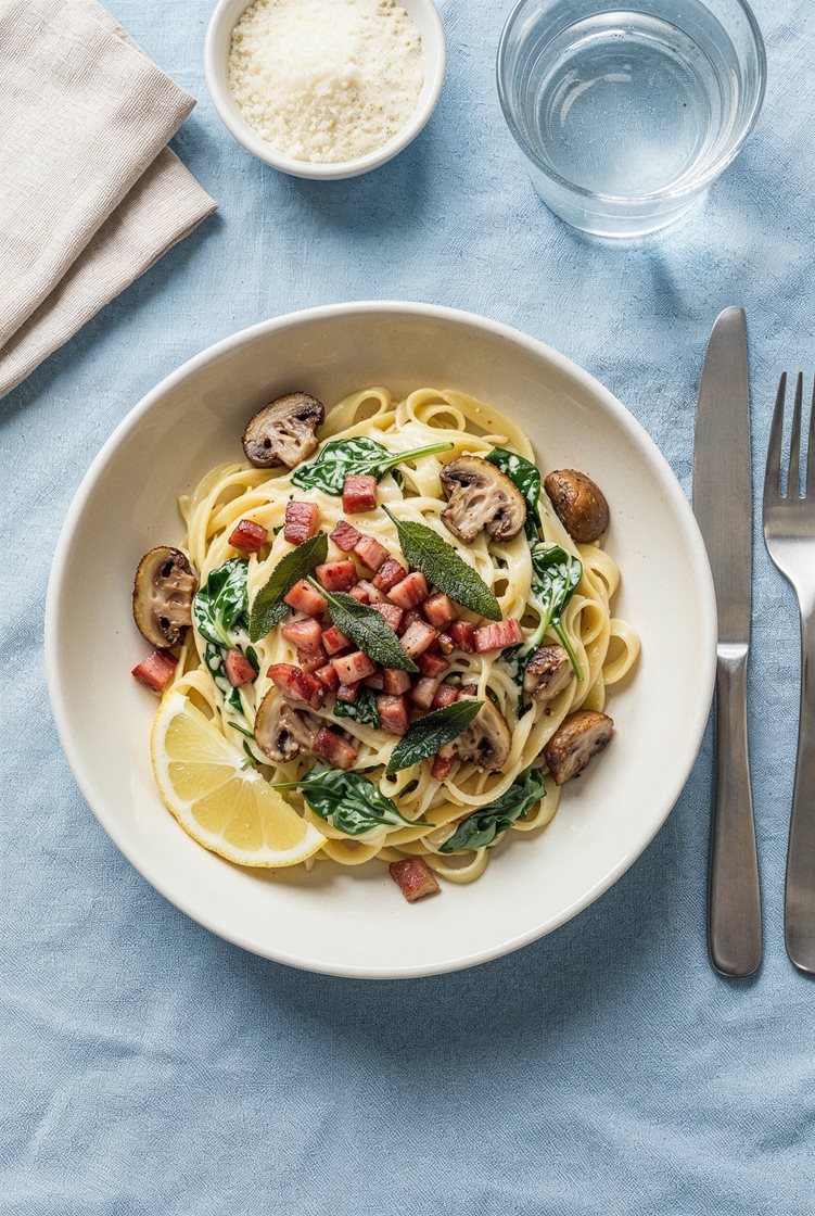 Pasta fettuccine med champignon i cremet spinatsauce, serveret med sprødstegt bacon og salvie