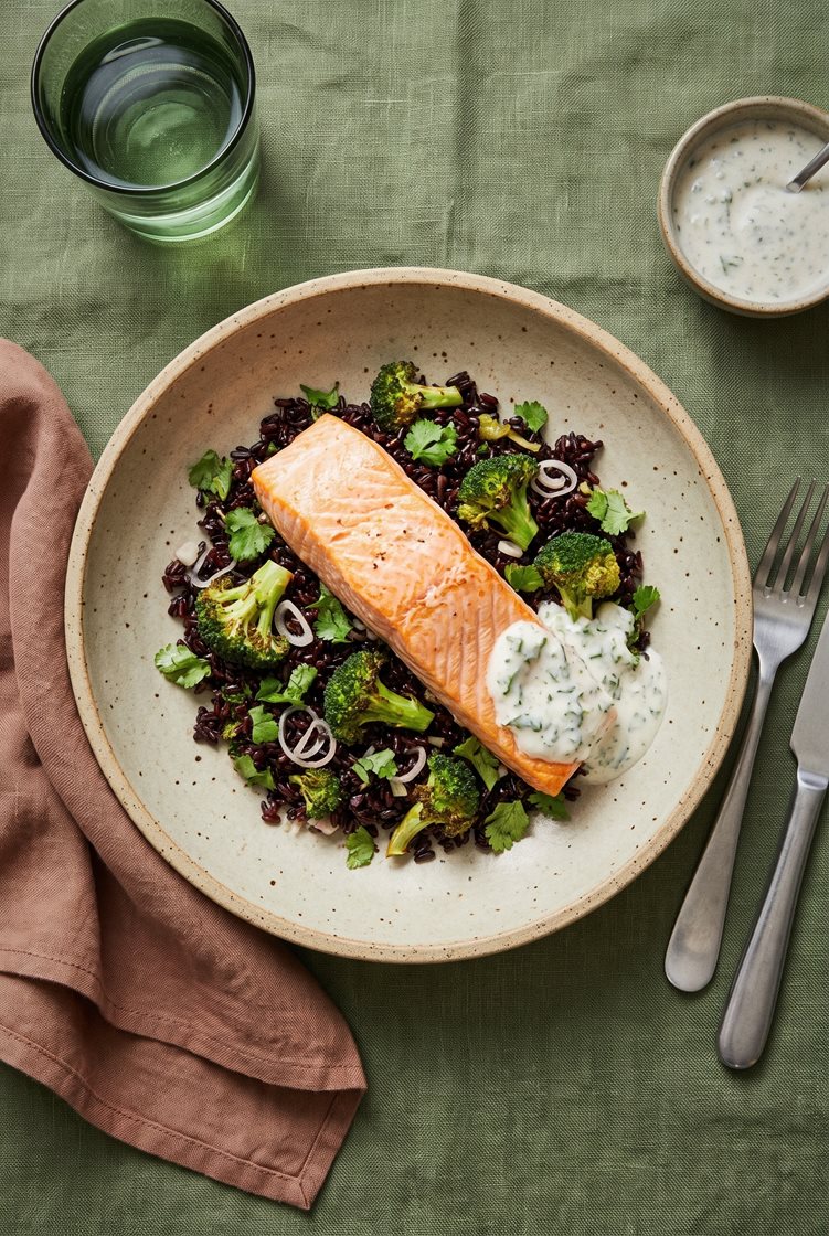 Ovnsbakt laks og svart ris- og brokkolisalat, med kokosdressing