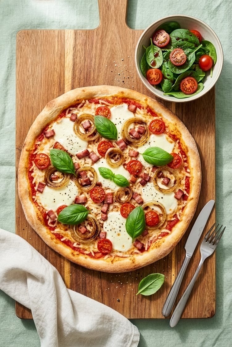 Pizza med bacon, karamelliserede løg og salat