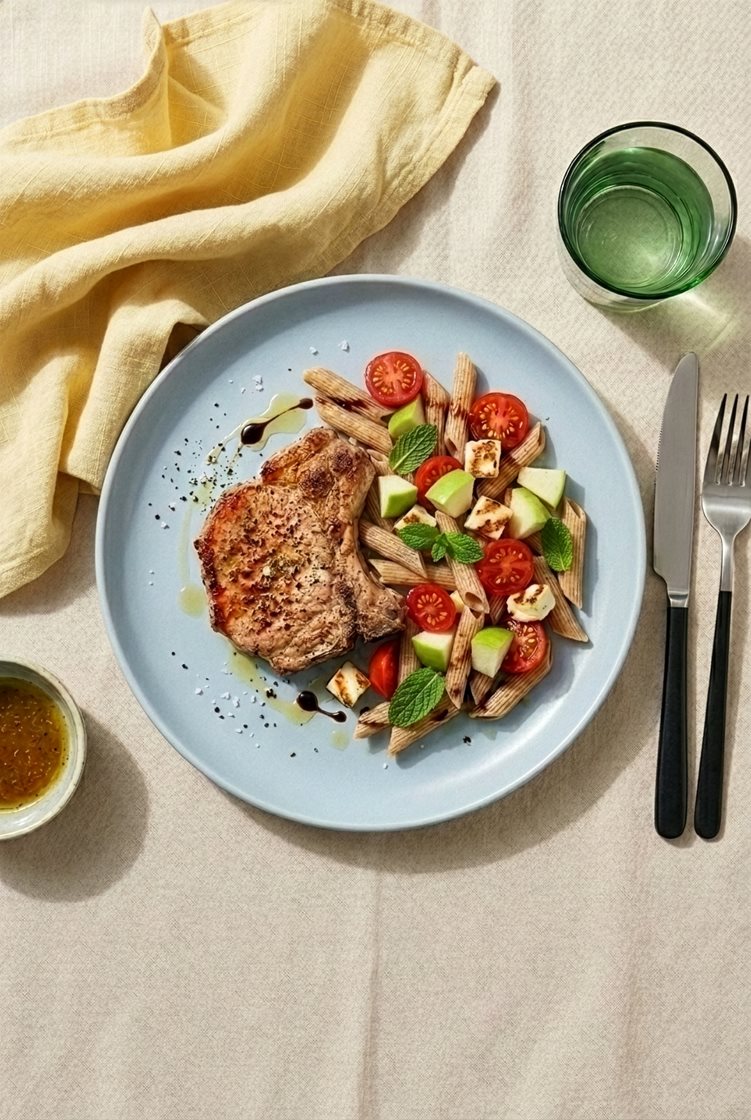 Grillede honey-dijon koteletter og sommersalat med fuldkornspasta