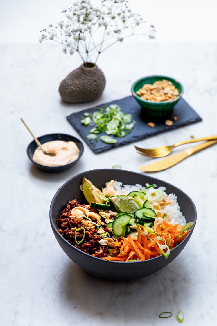 Rice bowl med hoisinstekt kjøttdeig, vårløk, lettsyltet agurk, chilimajones og peanøtter