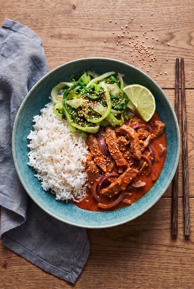 Kremet gryte med strimlet svin, spicy umami, ris og sesamstekt pak choy