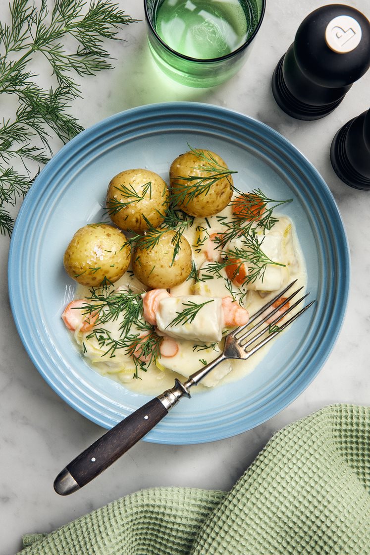 Fiskgryta med torsk, dill och purjolök