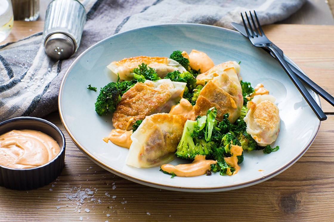 Dumplings med svinekjake, reker og chilimajones