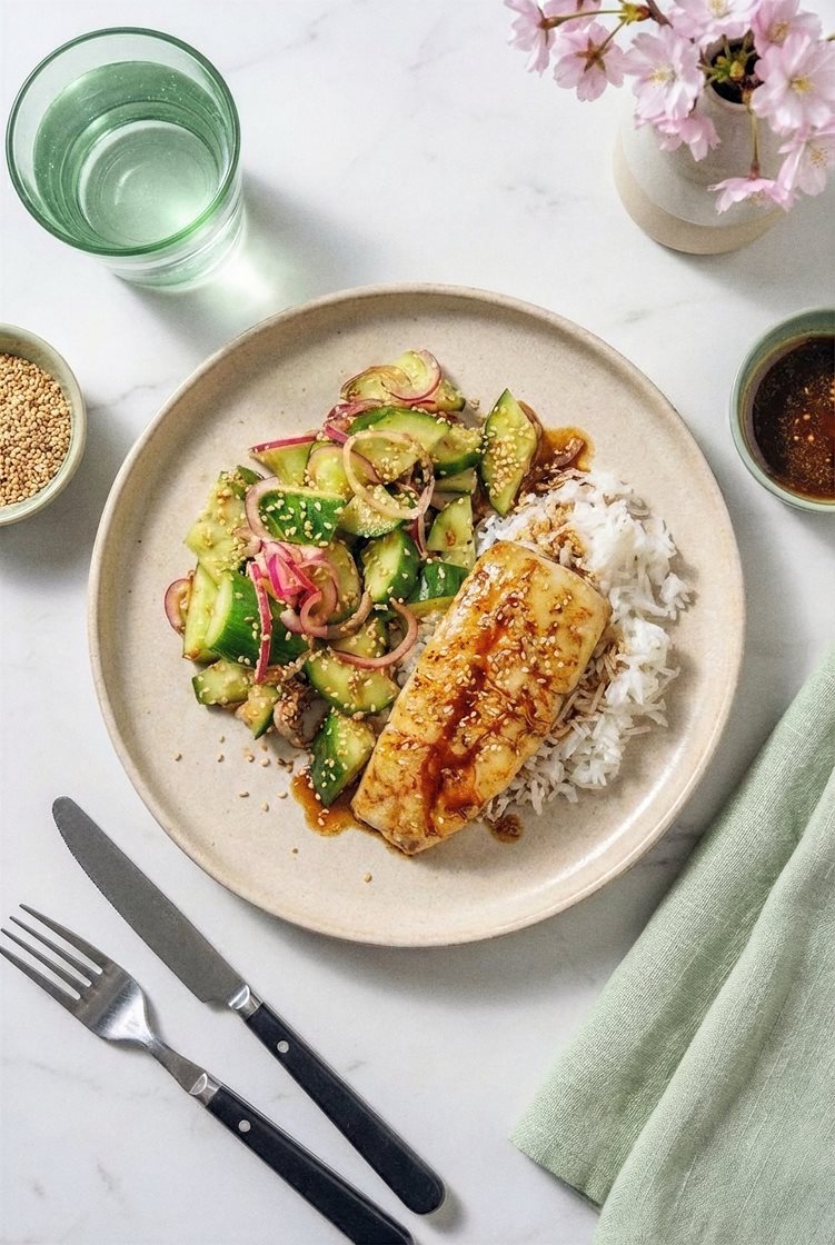 Kolja med sesamfrö- och gurksallad, soja och brynt smör