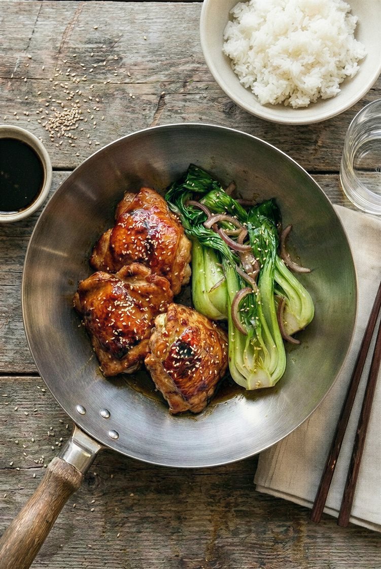 Soljaglacerad kyckling med spicy umami, jasminris och pak choy
