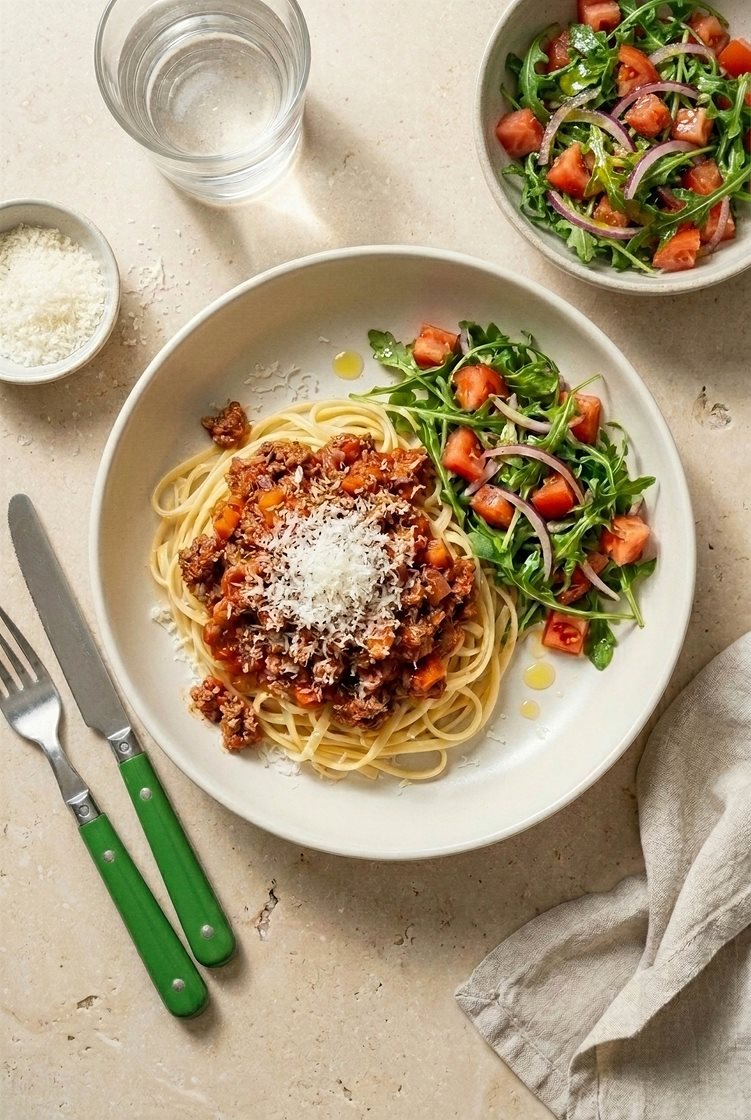 Hjemmelaget pasta bolognese med ruccolasalat og Grana Padano
