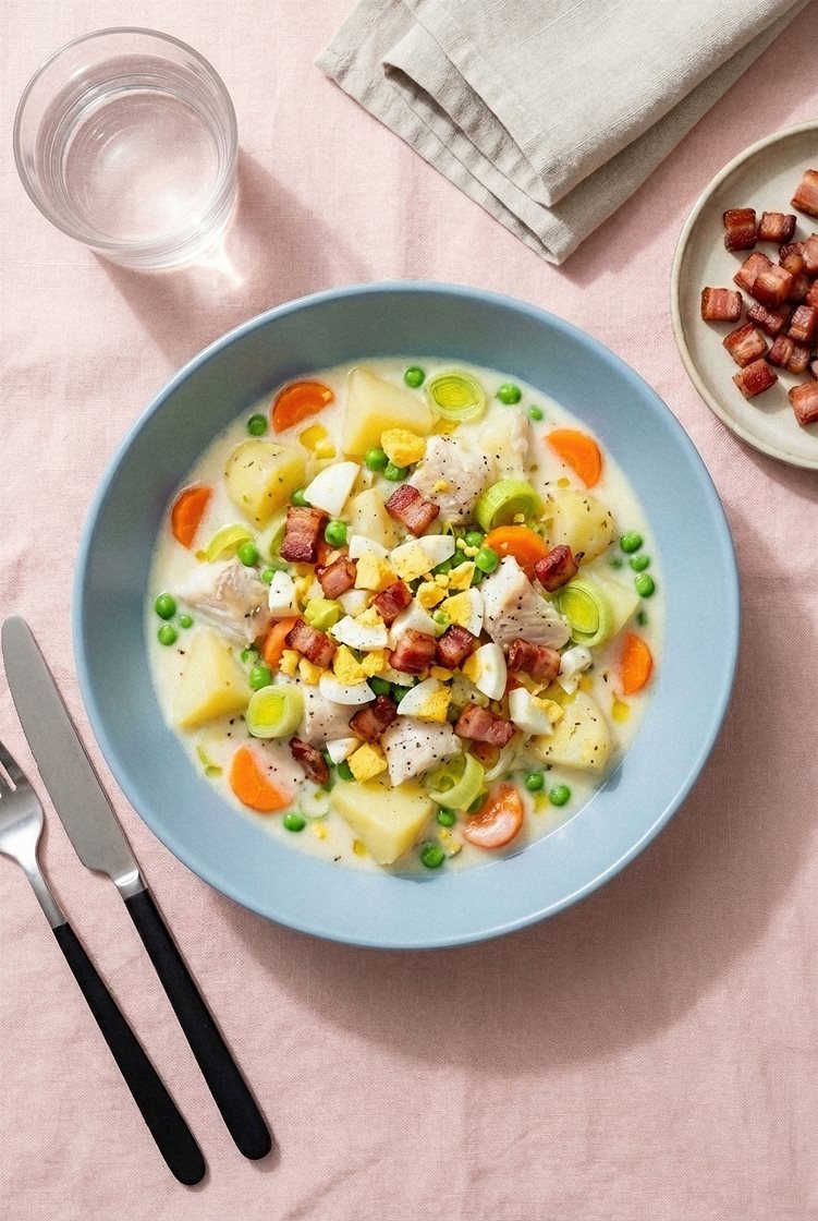 Plukkfisk med kokte poteter og sprøstekt bacon