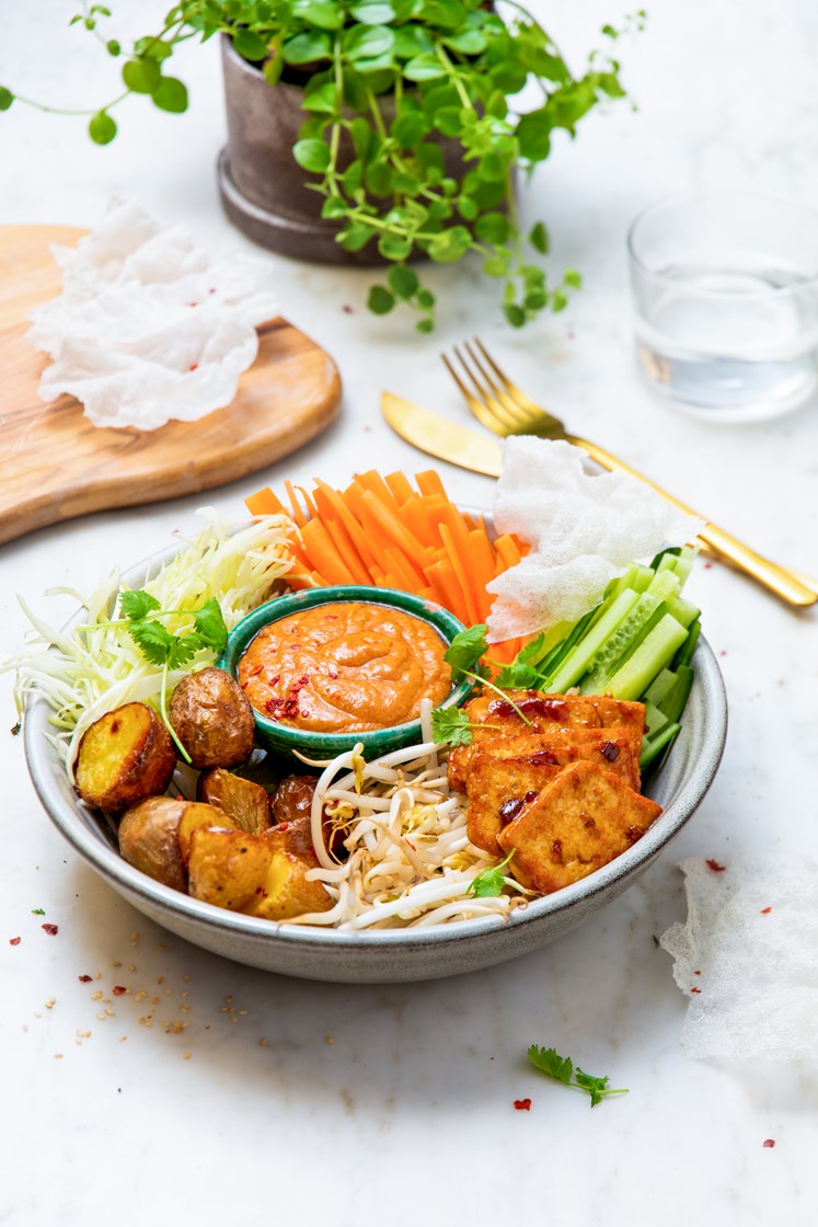 Gado-gado - indonesisk salat med peanøttsaus, friske grønnsaker, potetchunks og friterte rischips 