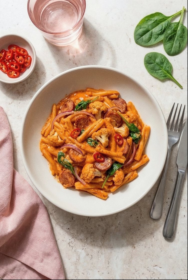 Pasta med chorizo i cremet ajvarsauce