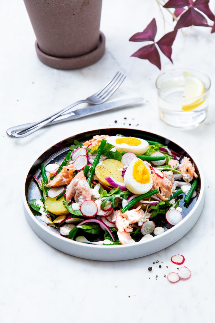 Lun potetsalat med varmrøkt laks, bløtkokt egg, grønne bønner og pepperrotdressing