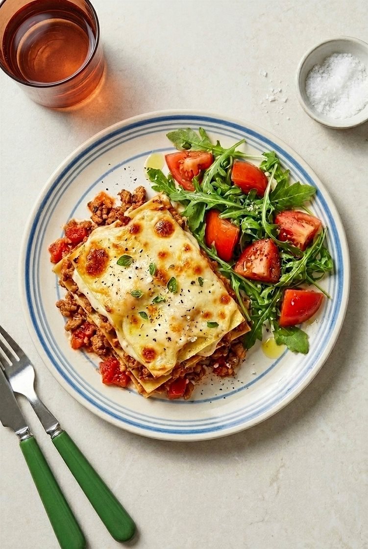 Plantebasert lasagne med ruccola- og tomatsalat