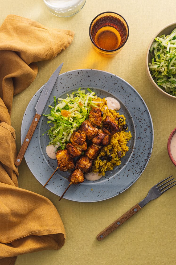 Kyllingespyd med tandoori og ris pilaf