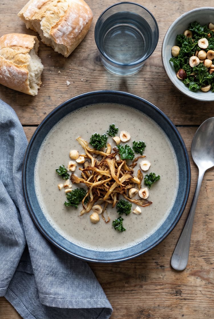 Svampesuppe toppet med smørstegte østershatte, sprød grønkål og hasselnødder