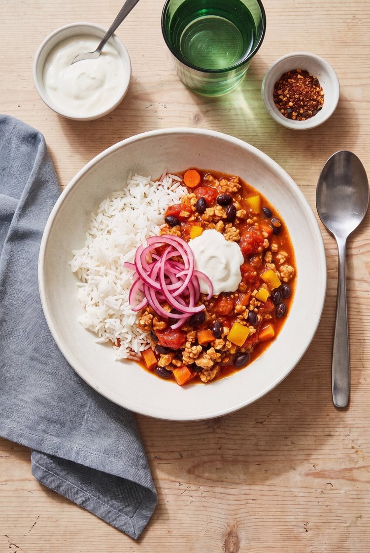 Chili con chicken med ris, paprika, svarte bønner og marinert rødløk