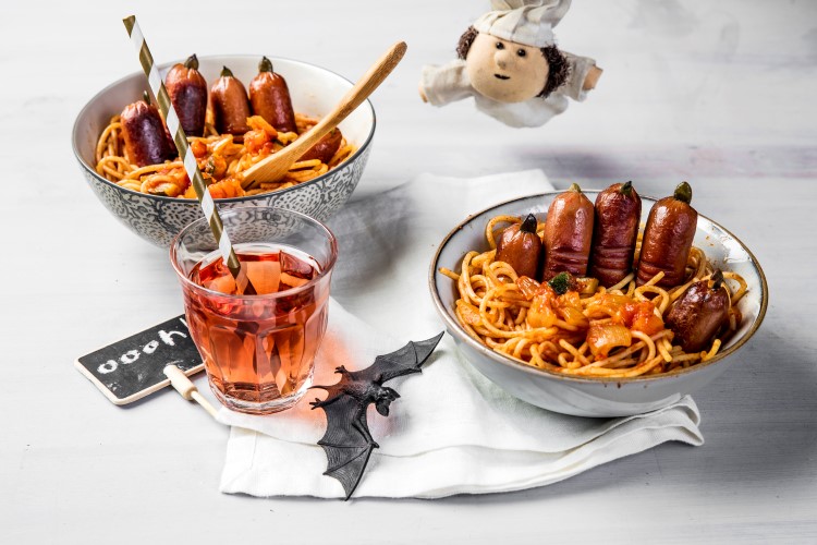 Spagetti med pølser og gresskar