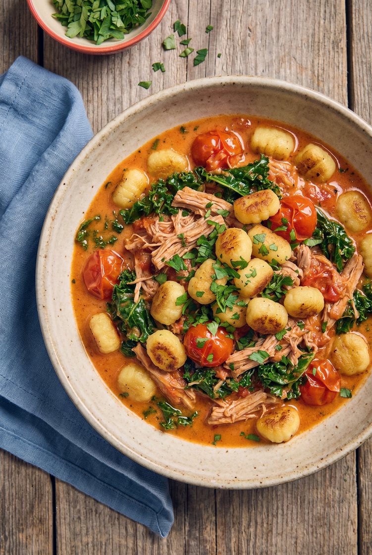 Svinekød i cremet tomatsauce med stegt gnocchi og persille