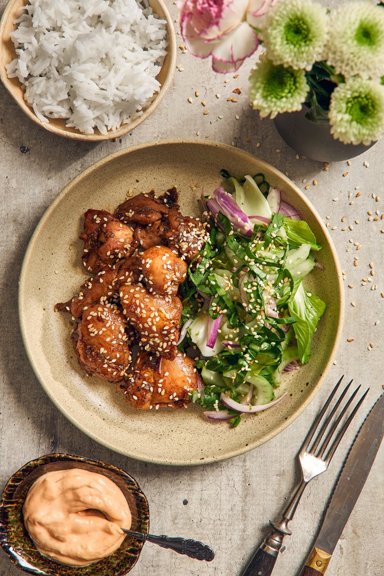 Vietnamesisk ingefärskyckling med lime- och sesamdressad kålsallad och chilimajonnäs