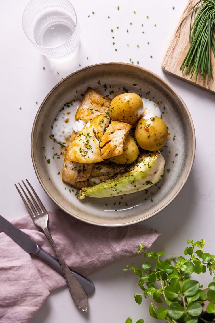 Stegt hvid fisk med purløg, bagt spidskål og brunet smør