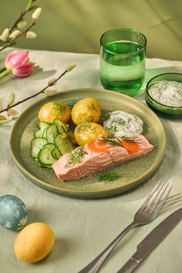 Inkokt lax med dillmajonnäs och citronpicklad gurka